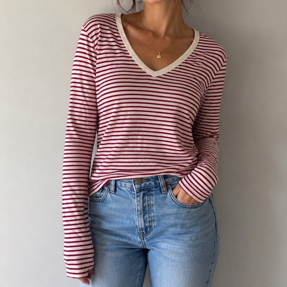 Gap Factory Striped V-Neck Long Sleeve Tee Burgundy Cream M Tall cozy gf